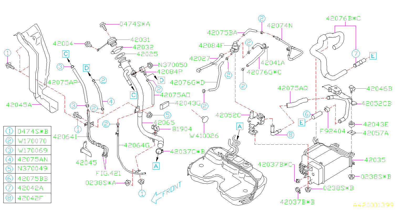 2005 Subaru STI Evaporative Emissions System Lines 42068FE190 North